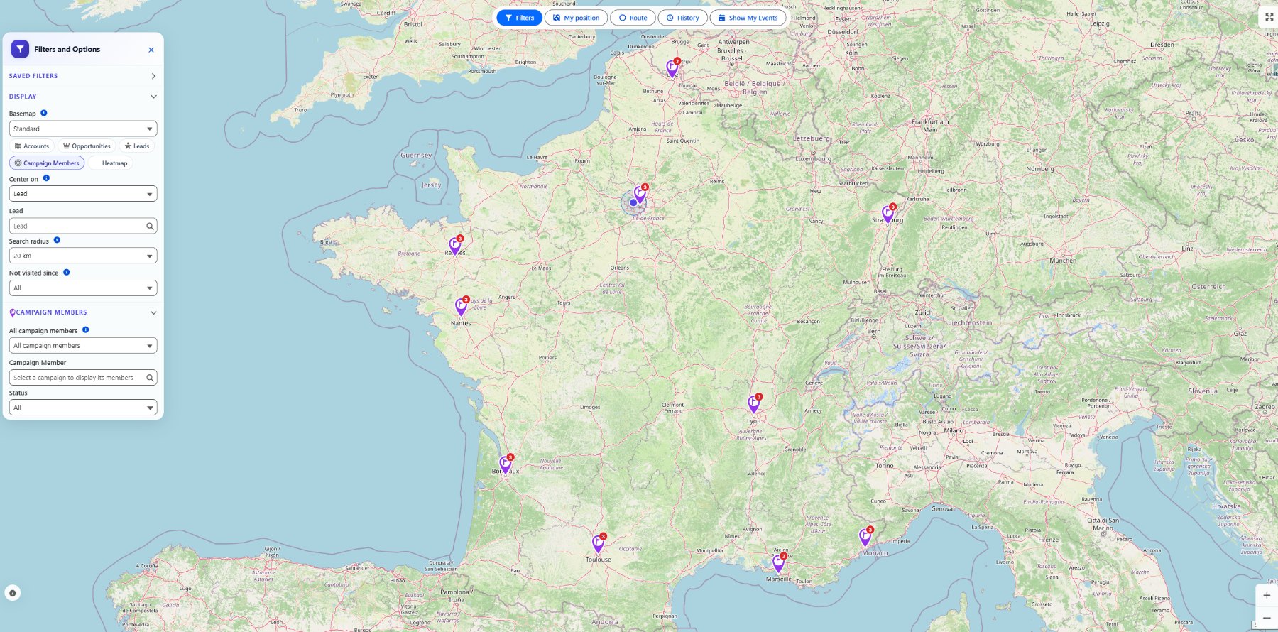 Tourvia map of Campaign Members across France with campaign and status filters