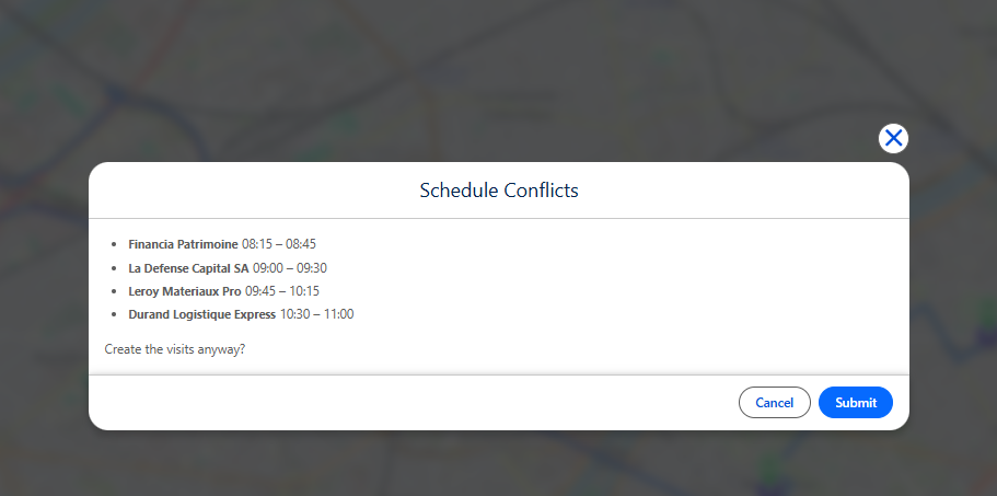 Tourvia schedule-conflict check listing four timed visits before Salesforce Events are created