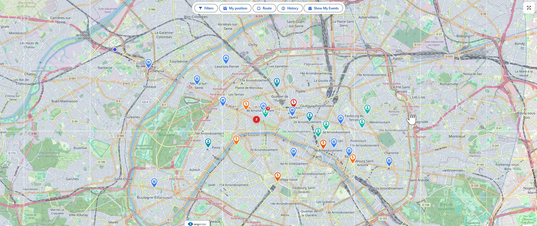 Tourvia live territory map of Paris with accounts, leads, and opportunities plus filter, route, and history controls