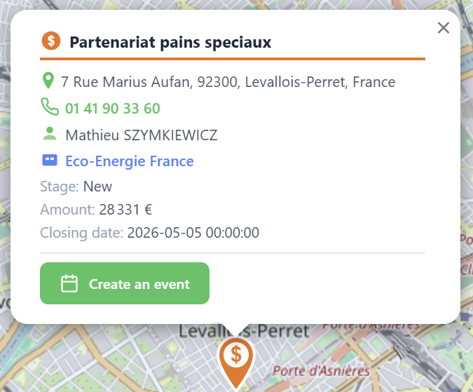 Tourvia marker popup showing an opportunity with address, contact, stage, amount, and a create-an-event action