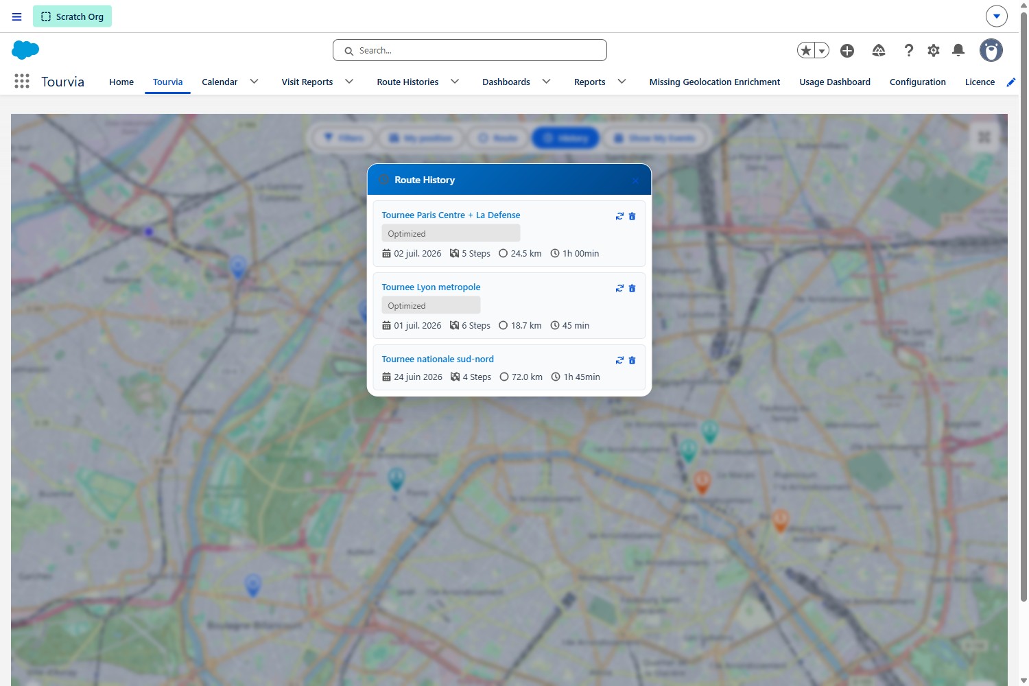 Tourvia route history panel listing saved optimized routes with steps, distance, and duration
